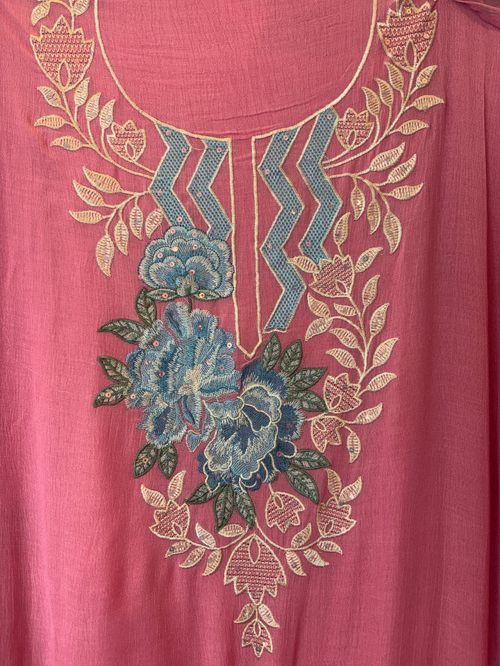 Pink Mul Chinnon Embroidered Suit Set with Sequin Highlights