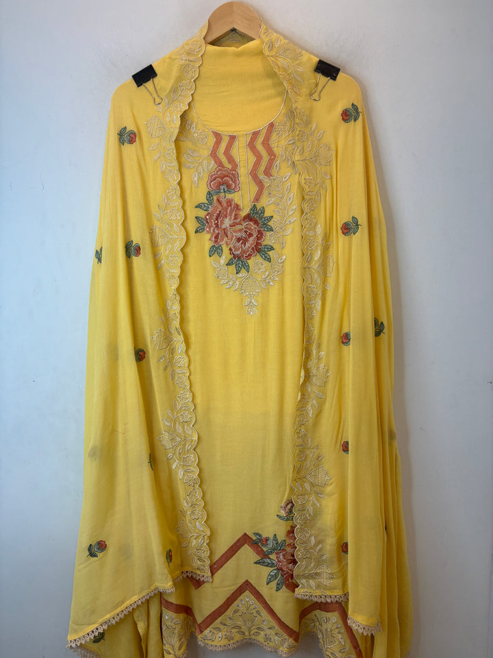 Yellow Mul Chinnon Embroidered Suit Set with Sequin Highlights