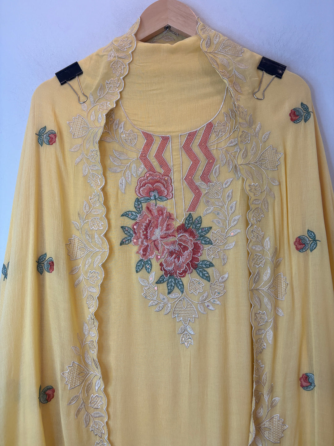 Yellow Mul Chinnon Embroidered Suit Set with Sequin Highlights