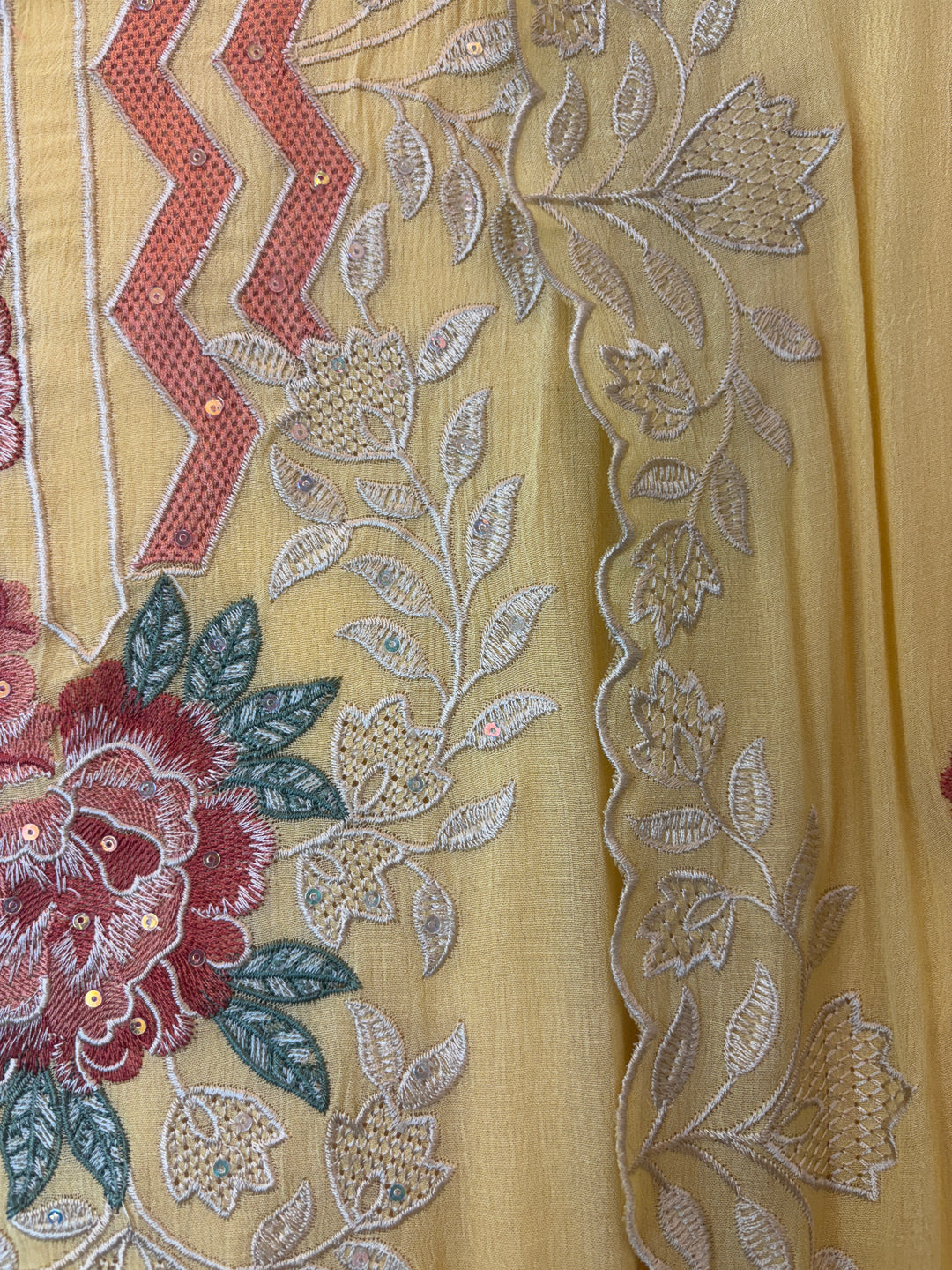 Yellow Mul Chinnon Embroidered Suit Set with Sequin Highlights