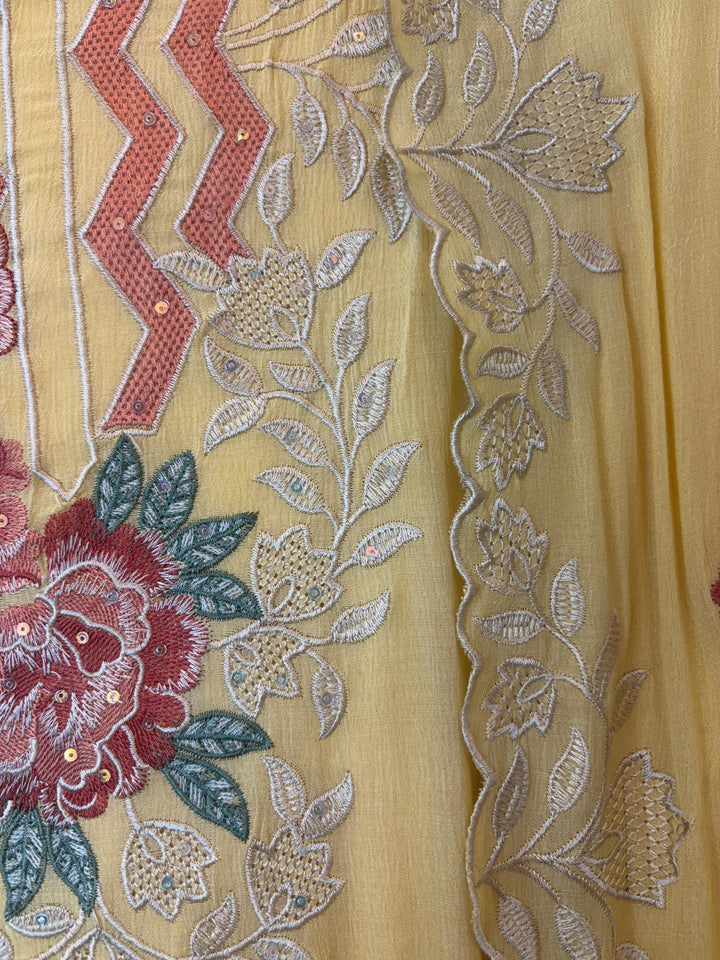 Yellow Mul Chinnon Embroidered Suit Set with Sequin Highlights