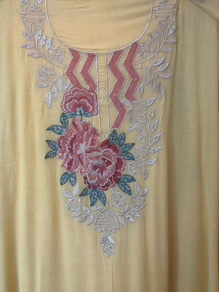 Yellow Mul Chinnon Embroidered Suit Set with Sequin Highlights
