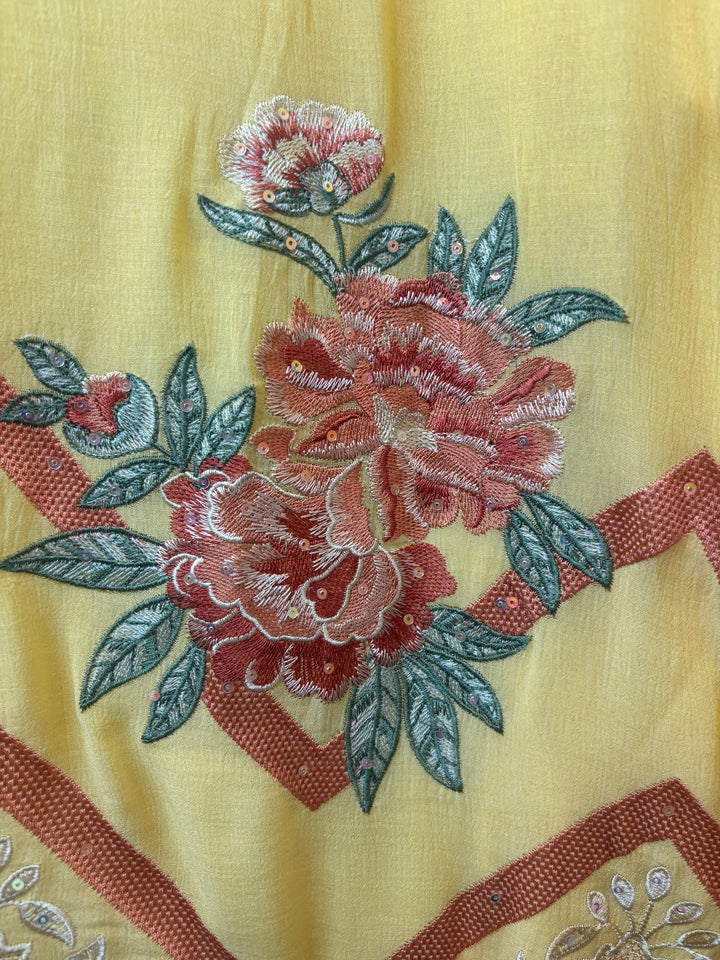 Yellow Mul Chinnon Embroidered Suit Set with Sequin Highlights