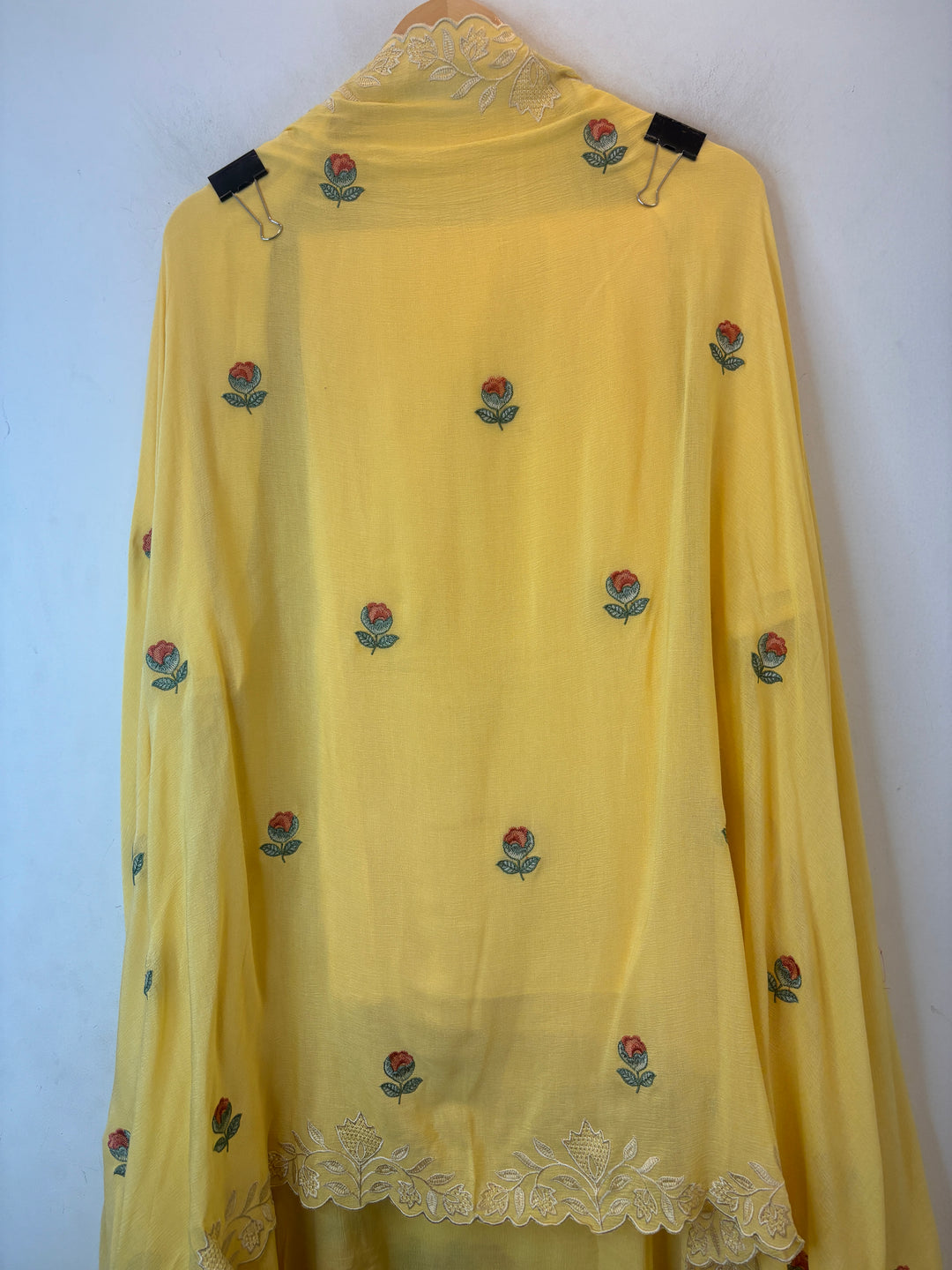 Yellow Mul Chinnon Embroidered Suit Set with Sequin Highlights