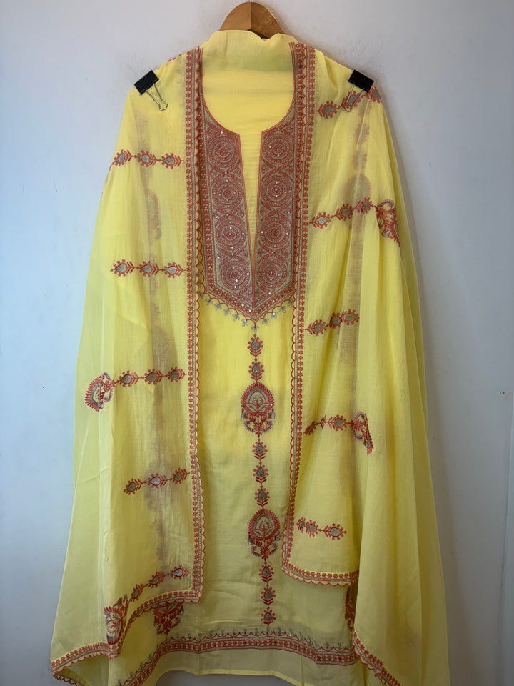 Yellow Mul Cotton Embroidered Suit Set with Zari &amp; Sequin Work