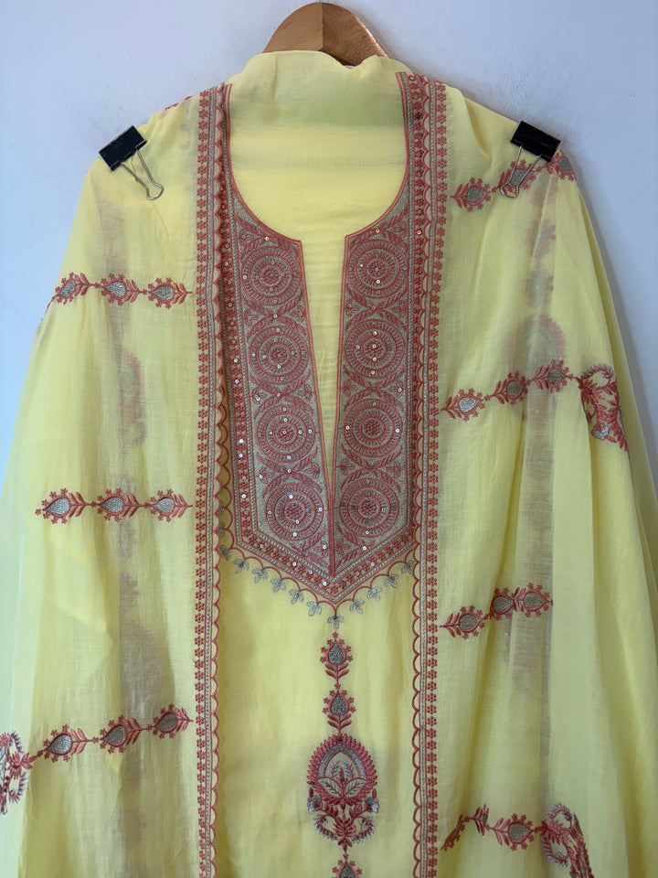 Yellow Mul Cotton Embroidered Suit Set with Zari &amp; Sequin Work