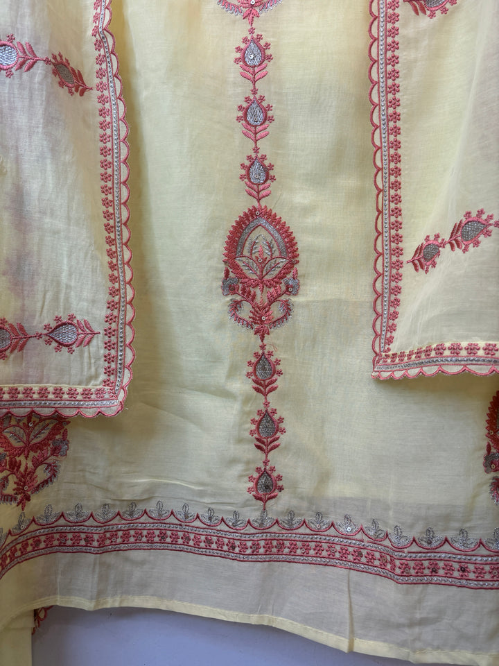 Yellow Mul Cotton Embroidered Suit Set with Zari &amp; Sequin Work
