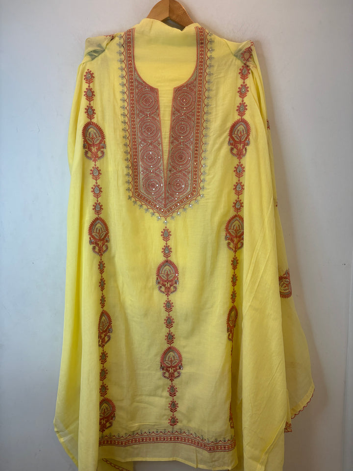 Yellow Mul Cotton Embroidered Suit Set with Zari &amp; Sequin Work