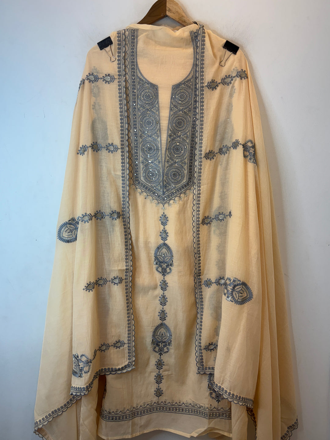Beige Mul Cotton Embroidered Suit Set with Zari &amp; Sequin Work