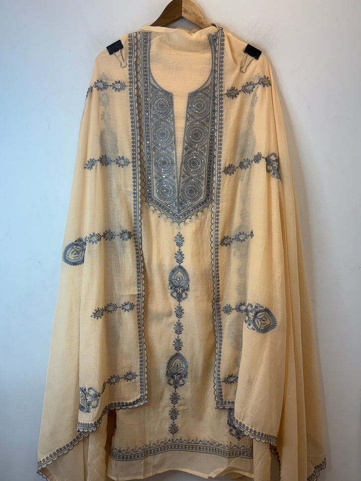 Beige Mul Cotton Embroidered Suit Set with Zari &amp; Sequin Work