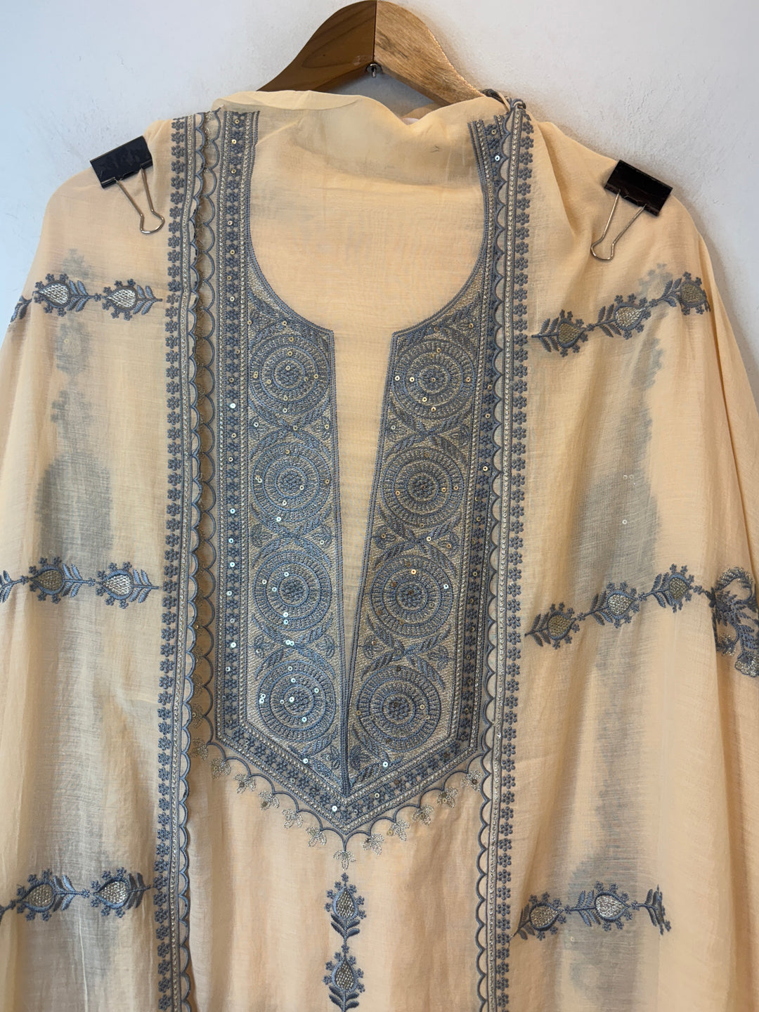 Beige Mul Cotton Embroidered Suit Set with Zari &amp; Sequin Work
