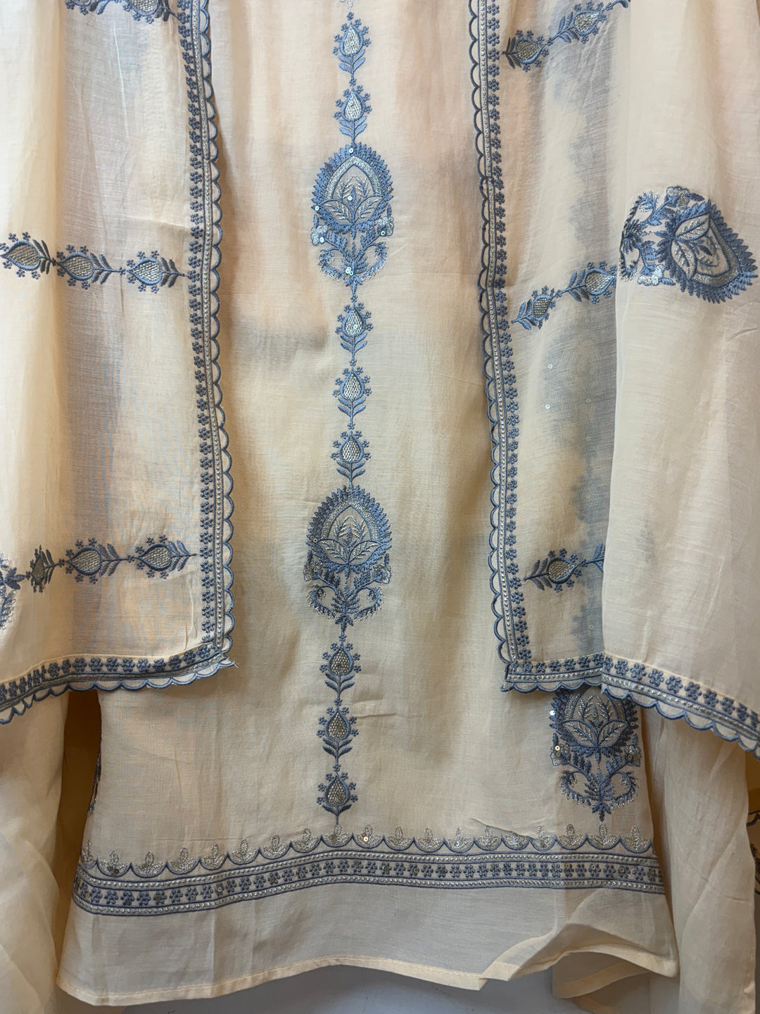 Beige Mul Cotton Embroidered Suit Set with Zari &amp; Sequin Work