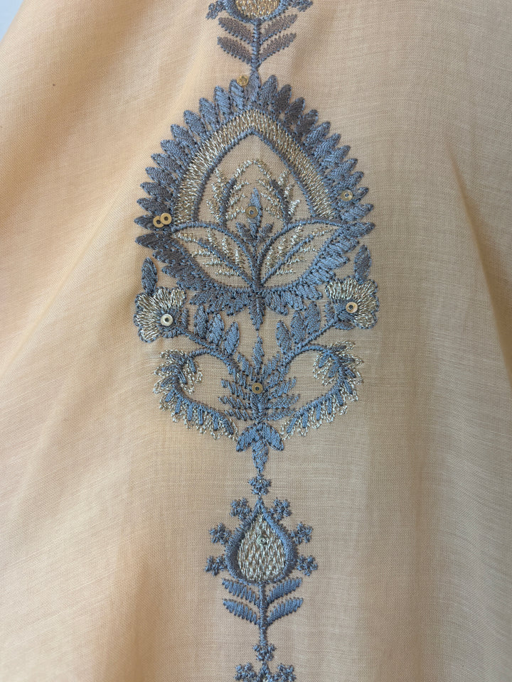 Beige Mul Cotton Embroidered Suit Set with Zari &amp; Sequin Work