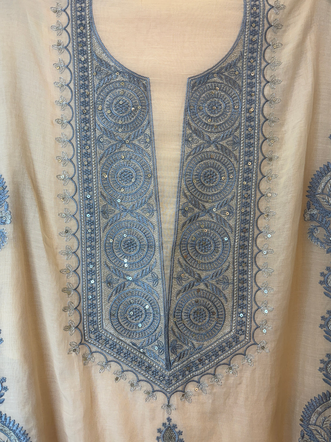 Beige Mul Cotton Embroidered Suit Set with Zari &amp; Sequin Work