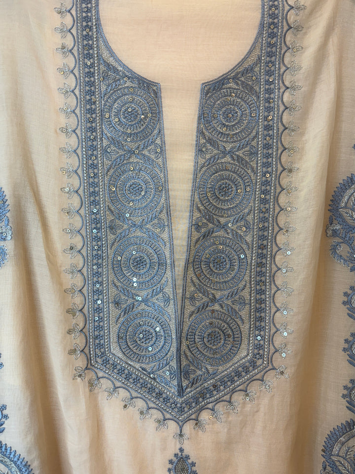 Beige Mul Cotton Embroidered Suit Set with Zari &amp; Sequin Work
