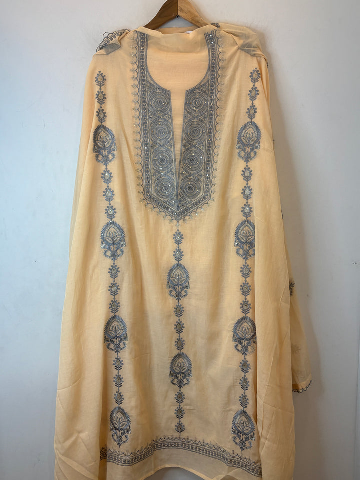 Beige Mul Cotton Embroidered Suit Set with Zari &amp; Sequin Work