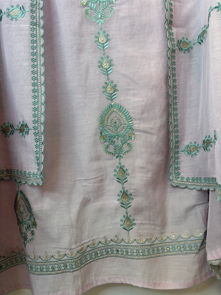 Pink Mul Cotton Embroidered Suit Set with Zari &amp; Sequin Work