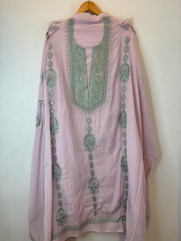 Pink Mul Cotton Embroidered Suit Set with Zari &amp; Sequin Work
