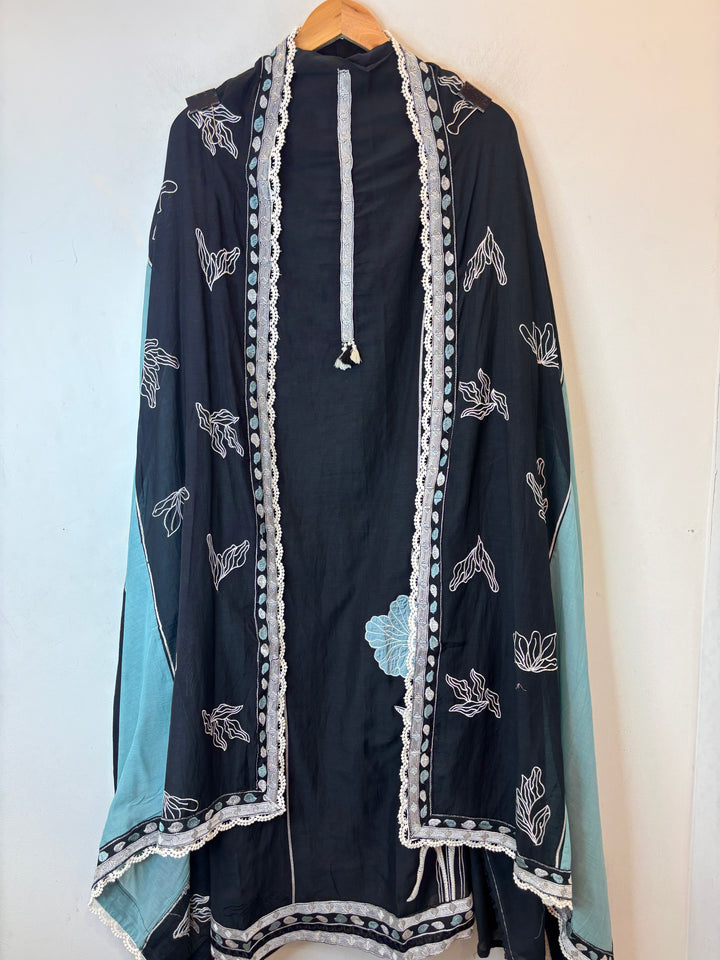 Blue Mul Cotton Embroidered Suit Set with Appliqué &amp; Tassel Detailing