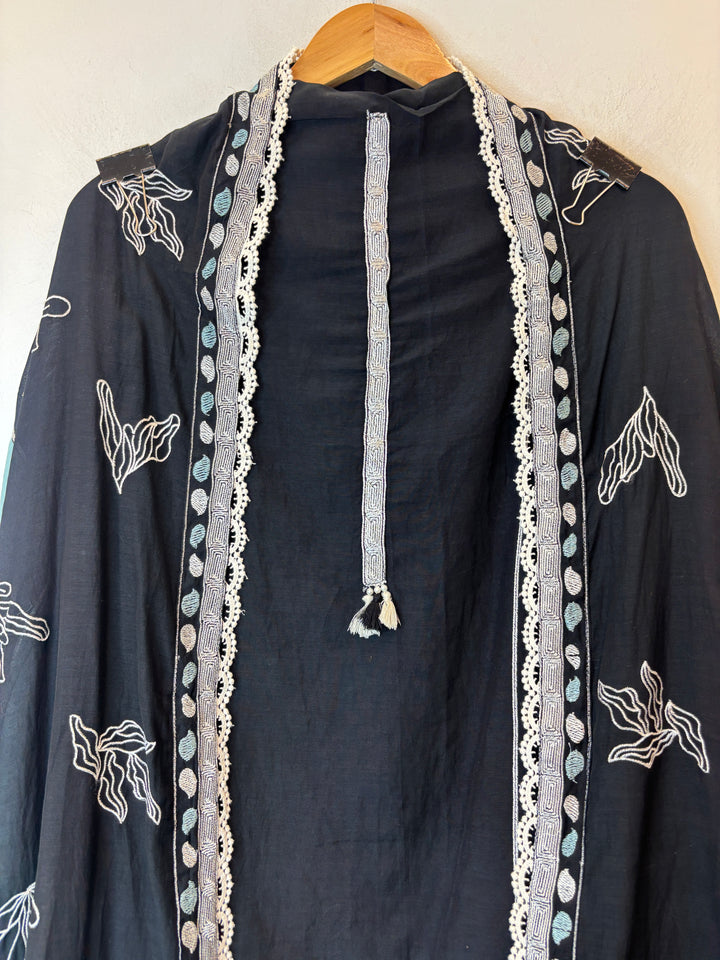 Blue Mul Cotton Embroidered Suit Set with Appliqué &amp; Tassel Detailing