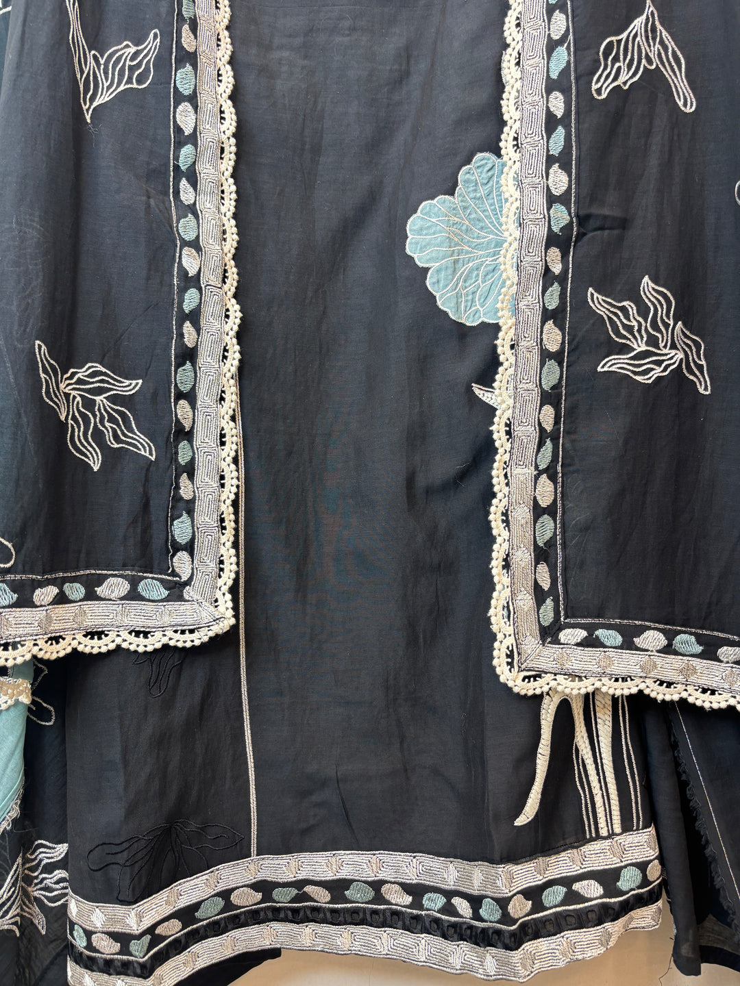 Blue Mul Cotton Embroidered Suit Set with Appliqué &amp; Tassel Detailing