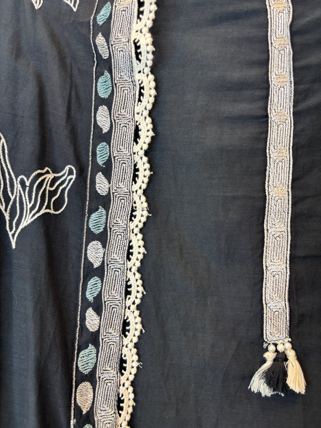 Blue Mul Cotton Embroidered Suit Set with Appliqué &amp; Tassel Detailing