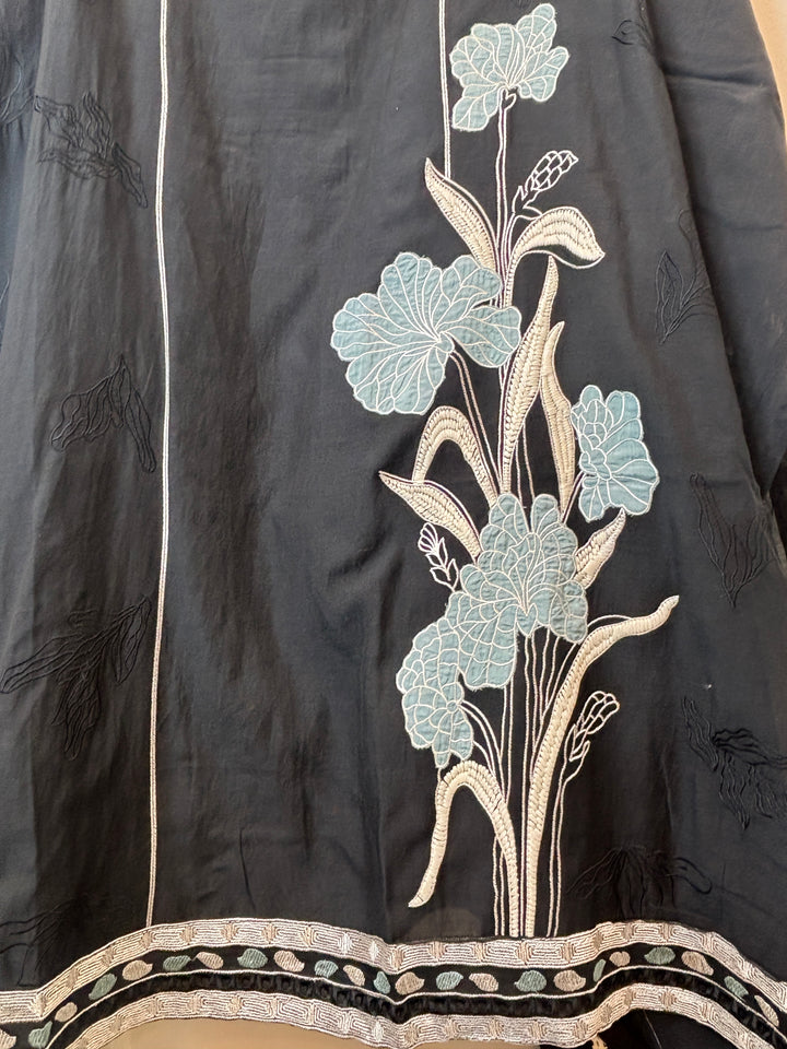Blue Mul Cotton Embroidered Suit Set with Appliqué &amp; Tassel Detailing