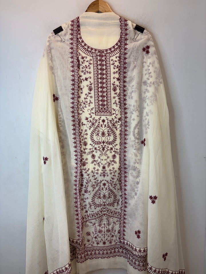 Maroon Mul Cotton Embroidered Suit Set with 3D Floral Dupatta