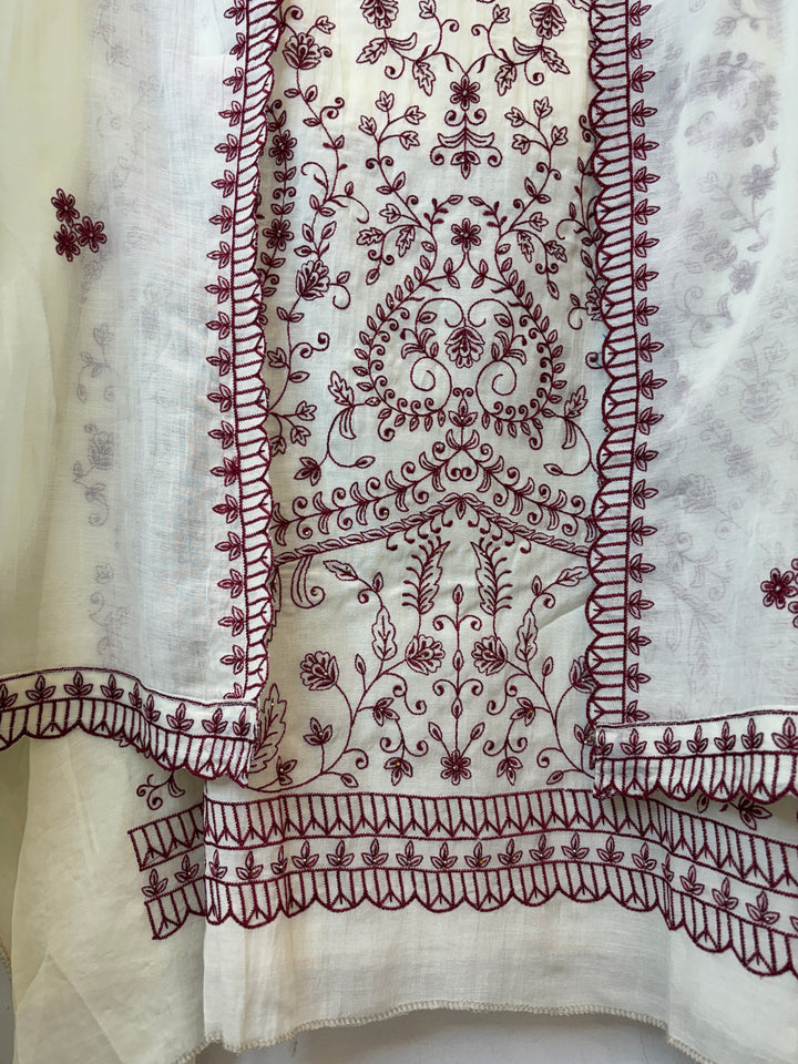 Maroon Mul Cotton Embroidered Suit Set with 3D Floral Dupatta
