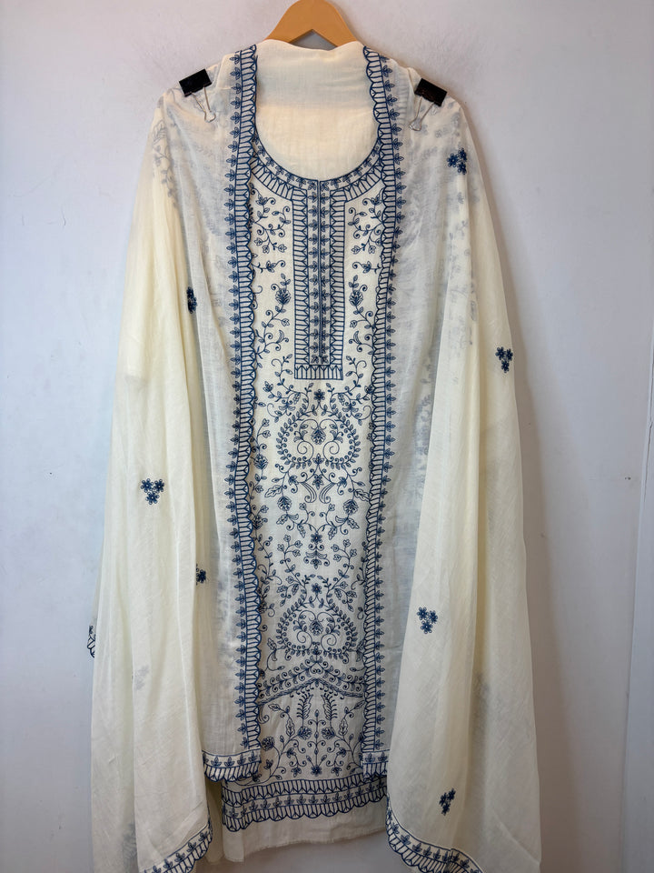 Blue Mul Cotton Embroidered Suit Set with 3D Floral Dupatta