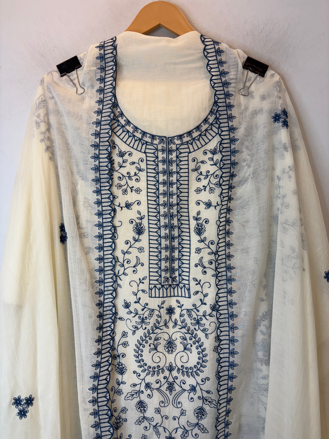 Blue Mul Cotton Embroidered Suit Set with 3D Floral Dupatta