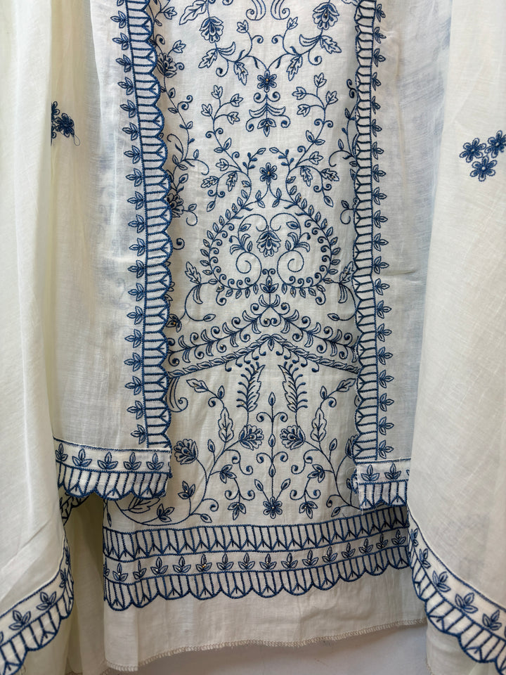 Blue Mul Cotton Embroidered Suit Set with 3D Floral Dupatta