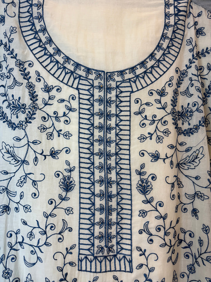 Blue Mul Cotton Embroidered Suit Set with 3D Floral Dupatta