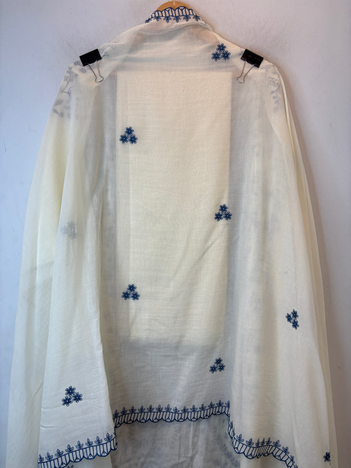 Blue Mul Cotton Embroidered Suit Set with 3D Floral Dupatta