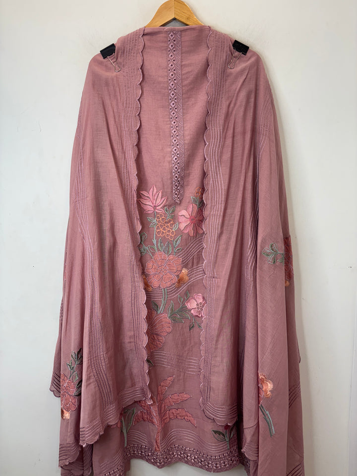 Pink Mul Cotton Embroidered Suit Set with Appliqué &amp; 3D Floral Work