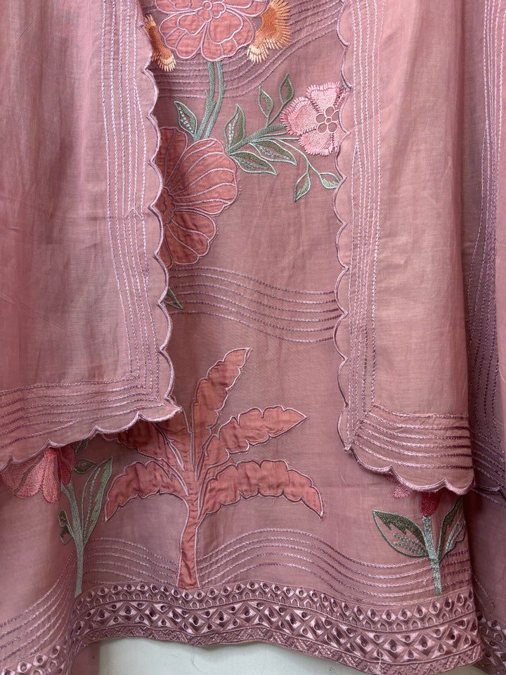 Pink Mul Cotton Embroidered Suit Set with Appliqué &amp; 3D Floral Work