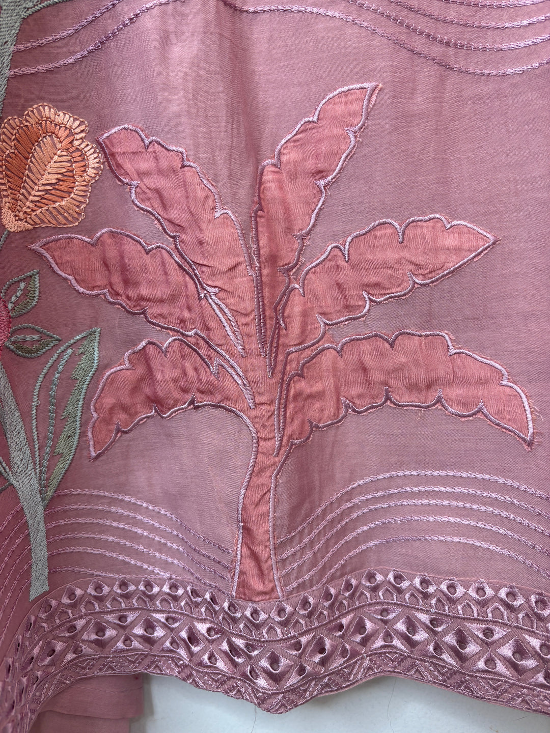 Pink Mul Cotton Embroidered Suit Set with Appliqué &amp; 3D Floral Work