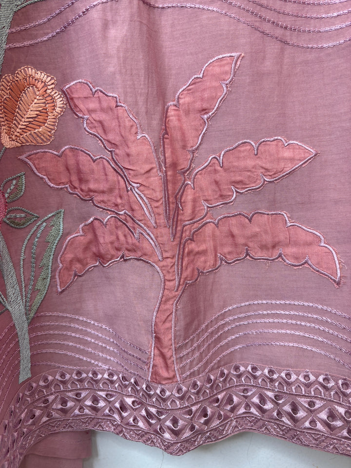 Pink Mul Cotton Embroidered Suit Set with Appliqué &amp; 3D Floral Work