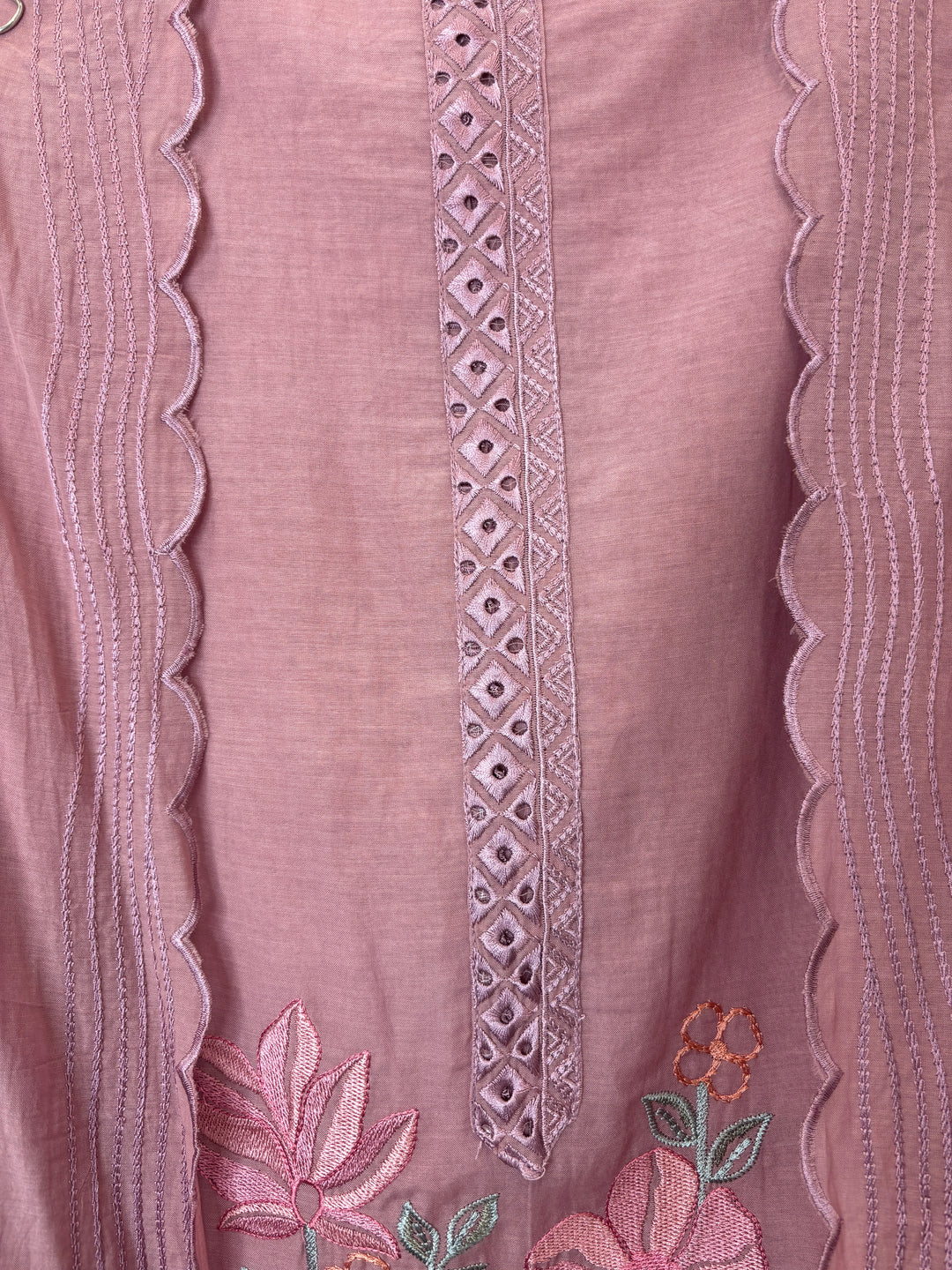 Pink Mul Cotton Embroidered Suit Set with Appliqué &amp; 3D Floral Work