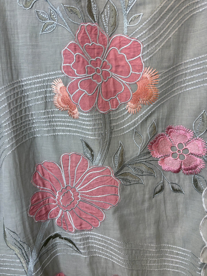 Grey Mul Cotton Embroidered Suit Set with Appliqué &amp; 3D Floral Work