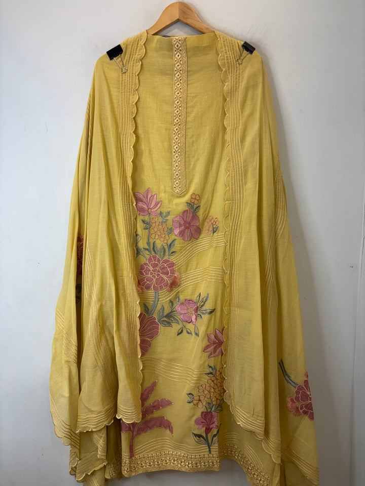 Yellow Mul Cotton Embroidered Suit Set with Appliqué &amp; 3D Floral Work