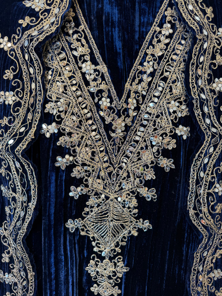 Zareen – Blue Crushed Velvet Mirror Work Suit