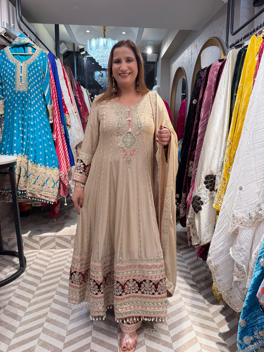 Zariya – Beige Chinon Zari Anarkali Set