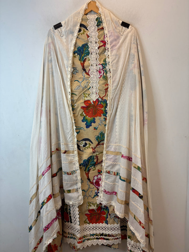 Beige Mul Cotton Floral Printed Suit Set with Mirror &amp; Crochet Detailing