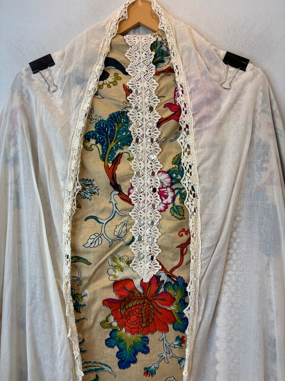 Beige Mul Cotton Floral Printed Suit Set with Mirror &amp; Crochet Detailing