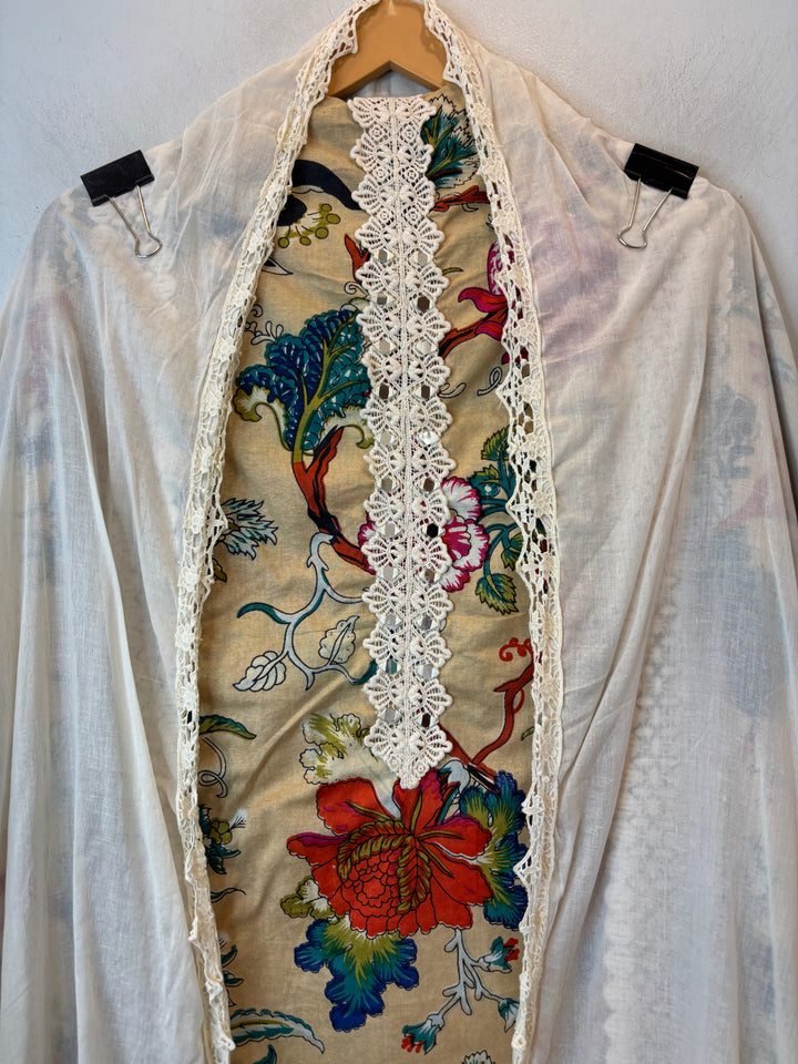 Beige Mul Cotton Floral Printed Suit Set with Mirror &amp; Crochet Detailing