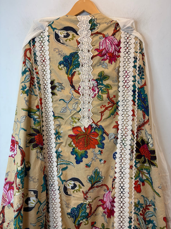 Beige Mul Cotton Floral Printed Suit Set with Mirror &amp; Crochet Detailing