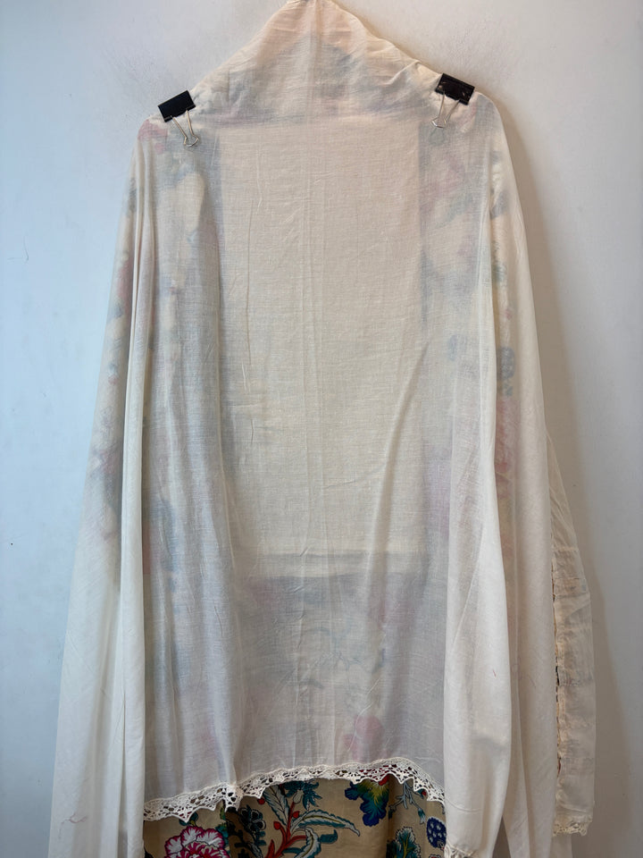 Beige Mul Cotton Floral Printed Suit Set with Mirror &amp; Crochet Detailing