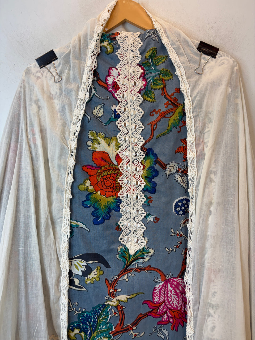 Blue Mul Cotton Floral Printed Suit Set with Mirror &amp; Crochet Detailing