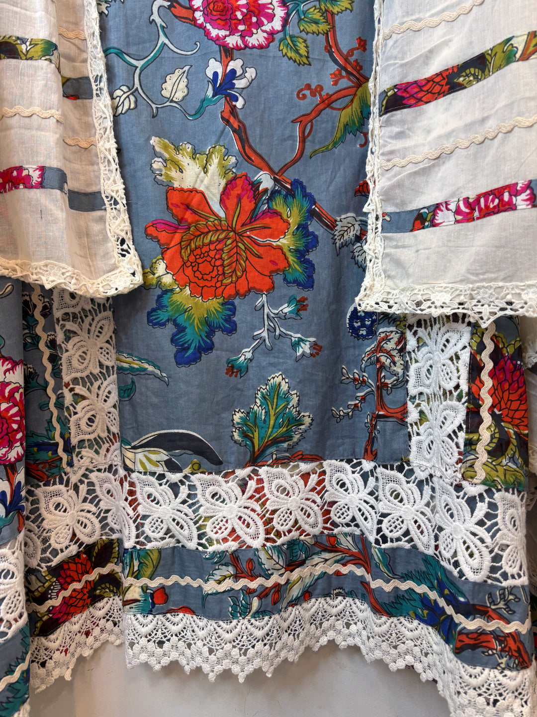 Blue Mul Cotton Floral Printed Suit Set with Mirror &amp; Crochet Detailing